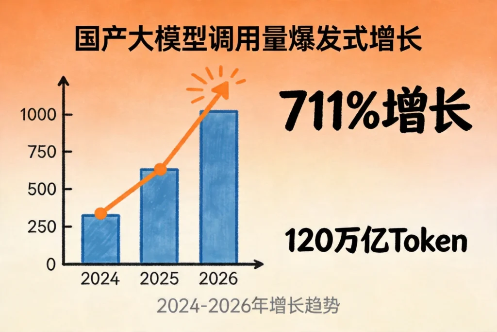 国产大模型调用量爆发式增长数据图，711%增长趋势