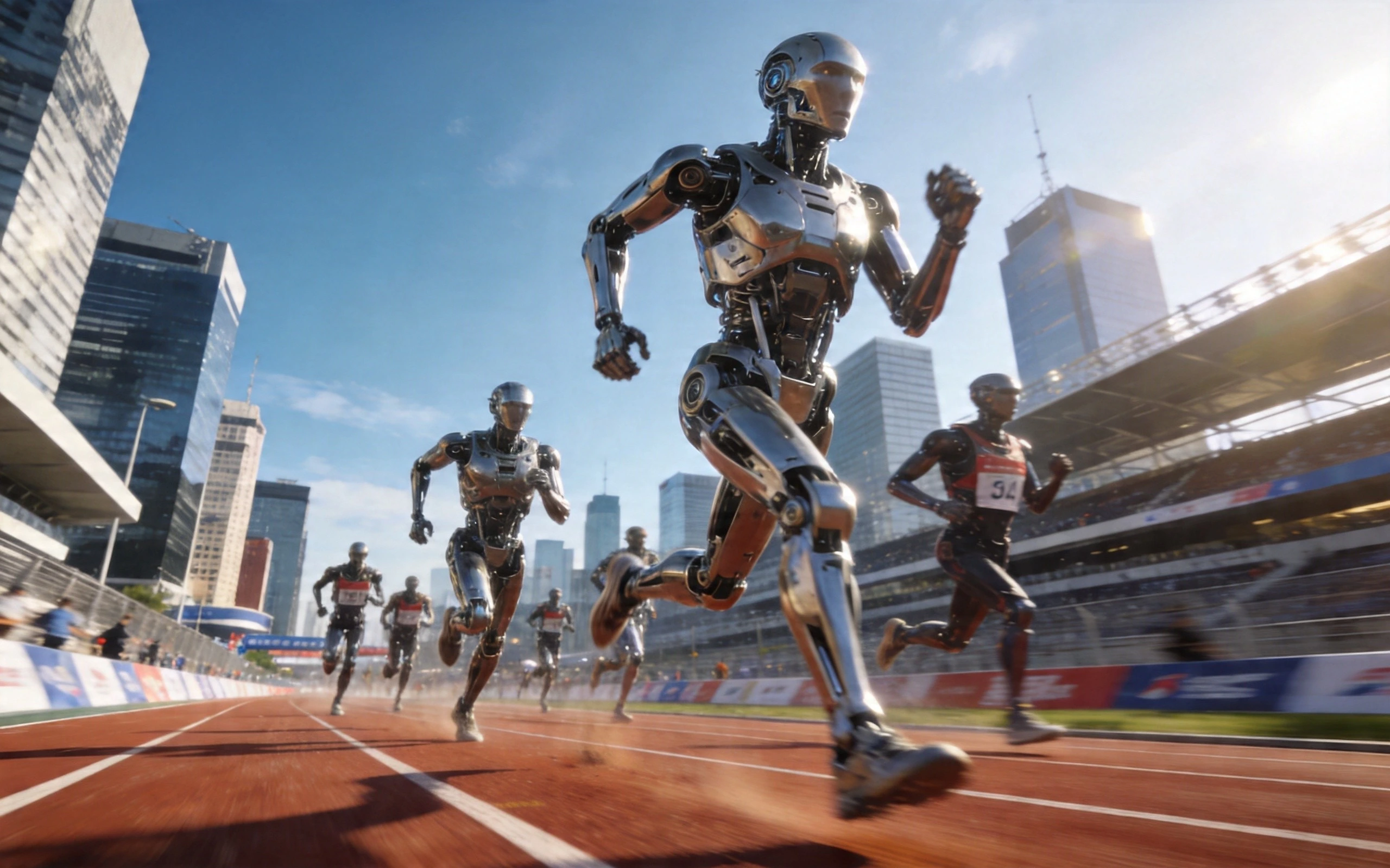 人形机器人在城市马拉松赛道上竞速奔跑