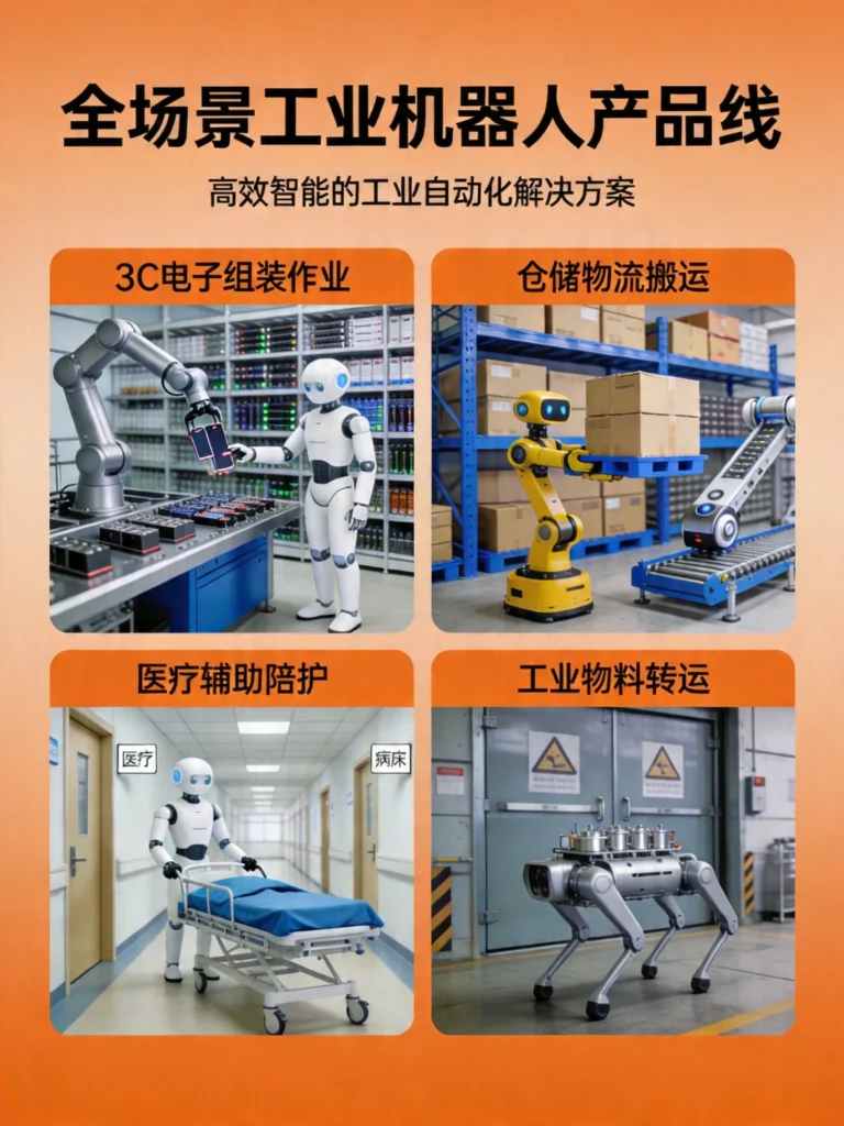 四款人形机器人和四足机器人在工厂、仓库、医院等场景作业的展示图