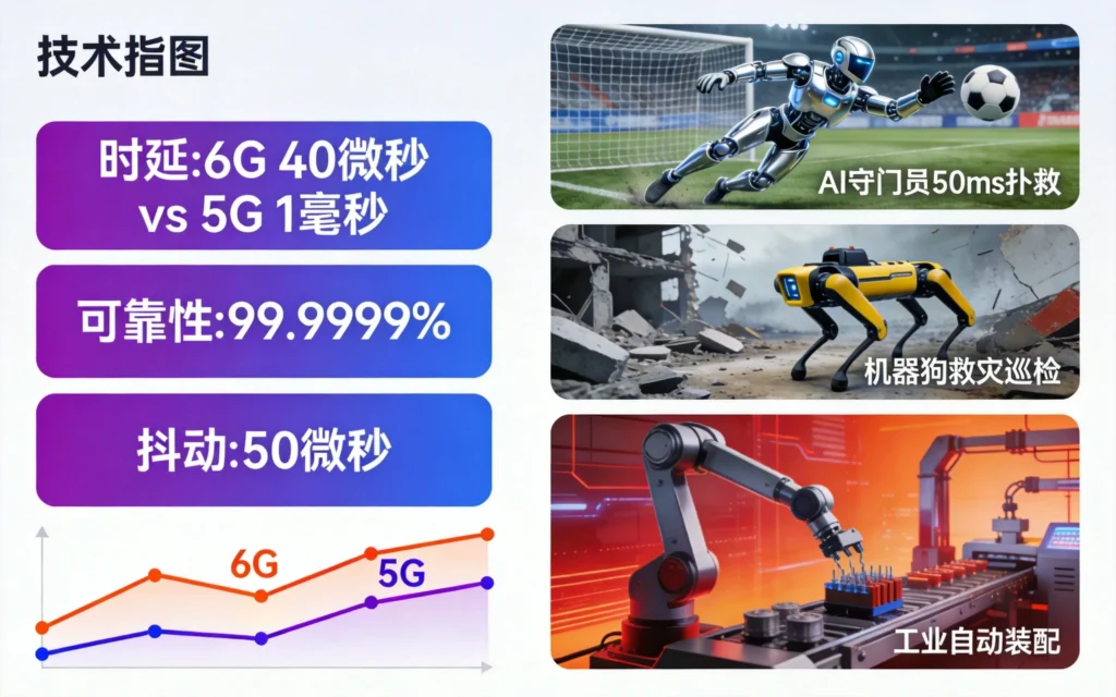 三大技术指标对比展示6G性能突破，应用场景图标呈现实际应用