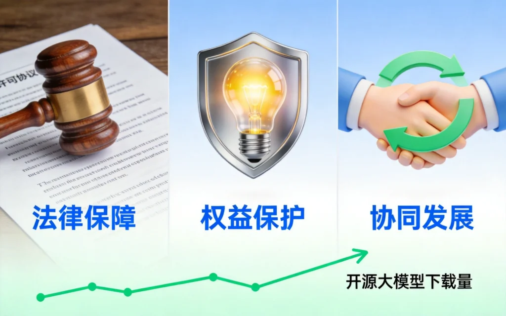 三列卡片展示法律保障、权益保护、协同发展三大核心机制