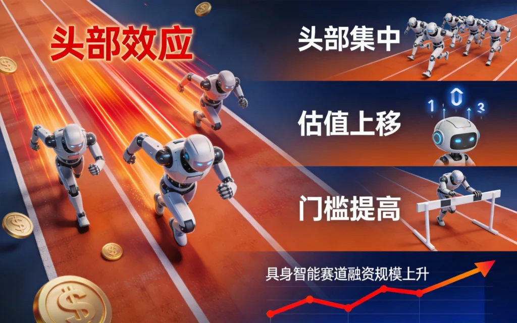 赛道俯视图展现机器人竞争冲刺，右侧展示融资带来的三大关键影响