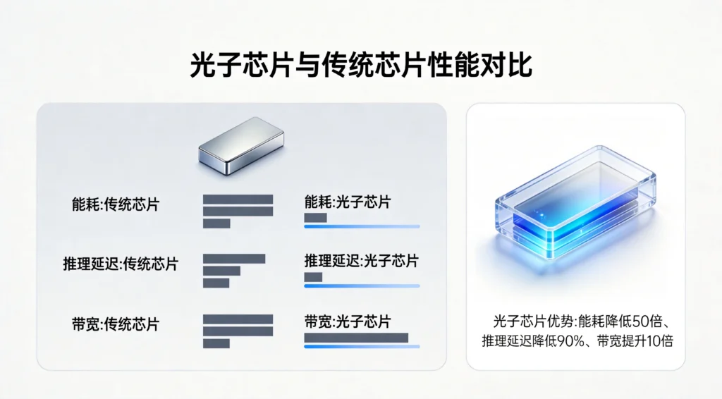 光子芯片与传统芯片在能耗、延迟、带宽三方面的性能对比数据图