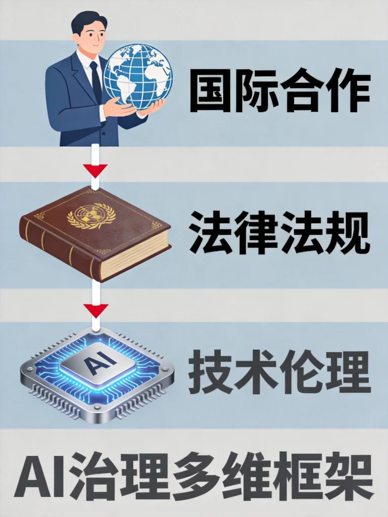 AI治理多维框架图，国际合作、法律法规、技术伦理三层监管体系