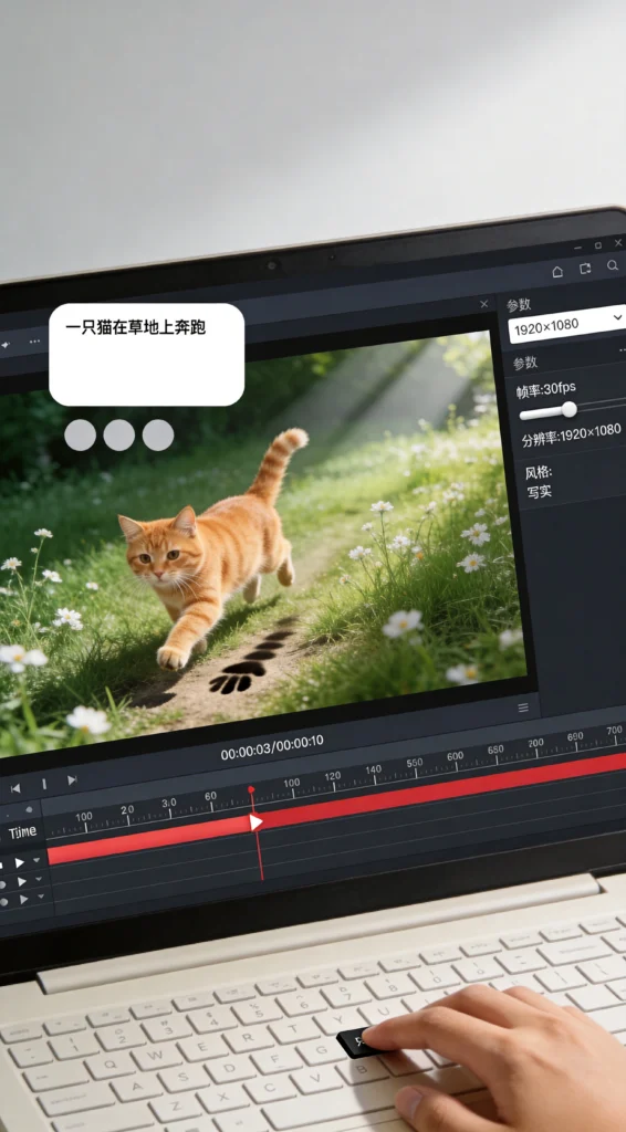 开源视频生成工具实操界面，演示文生视频从提示词到成片的生成过程