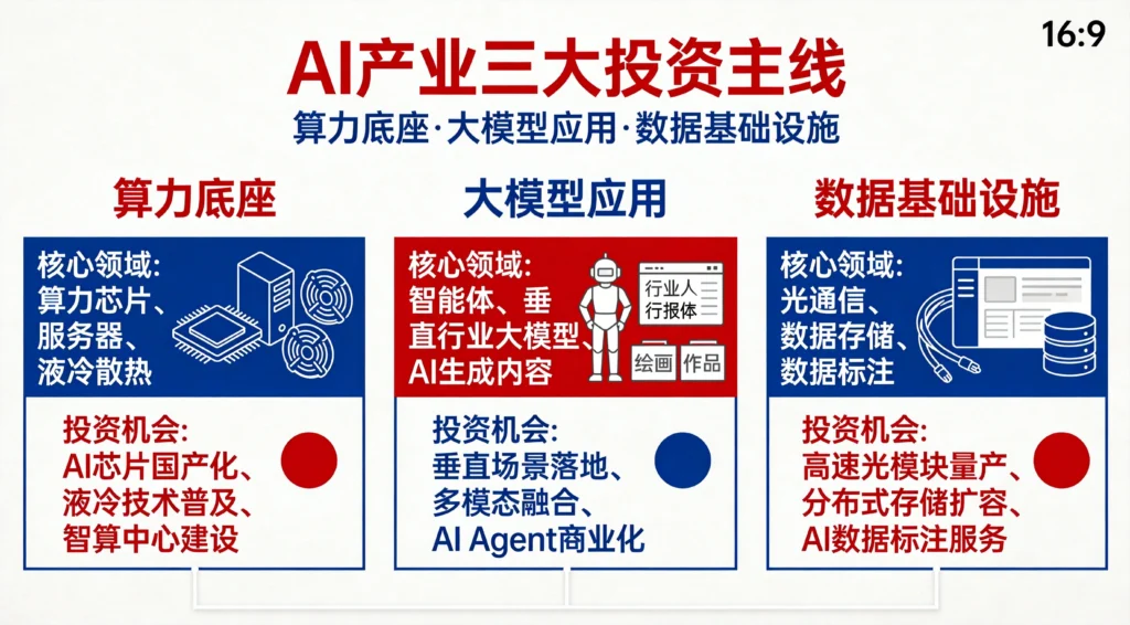 AI产业三大投资主线图，算力底座与大模型应用的投资机遇展示