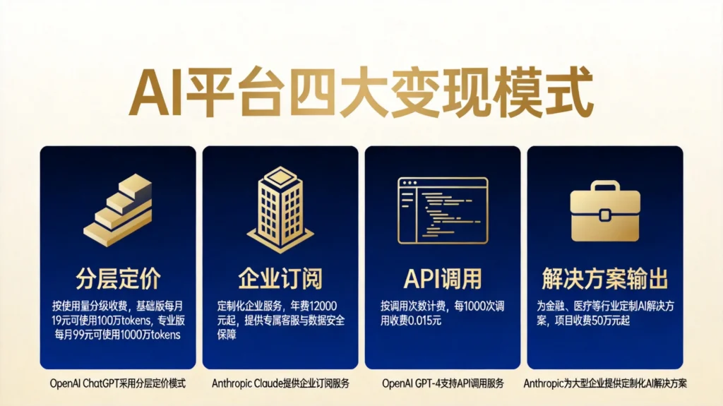 AI平台四大变现模式图，分层定价与API调用的商业模式展示