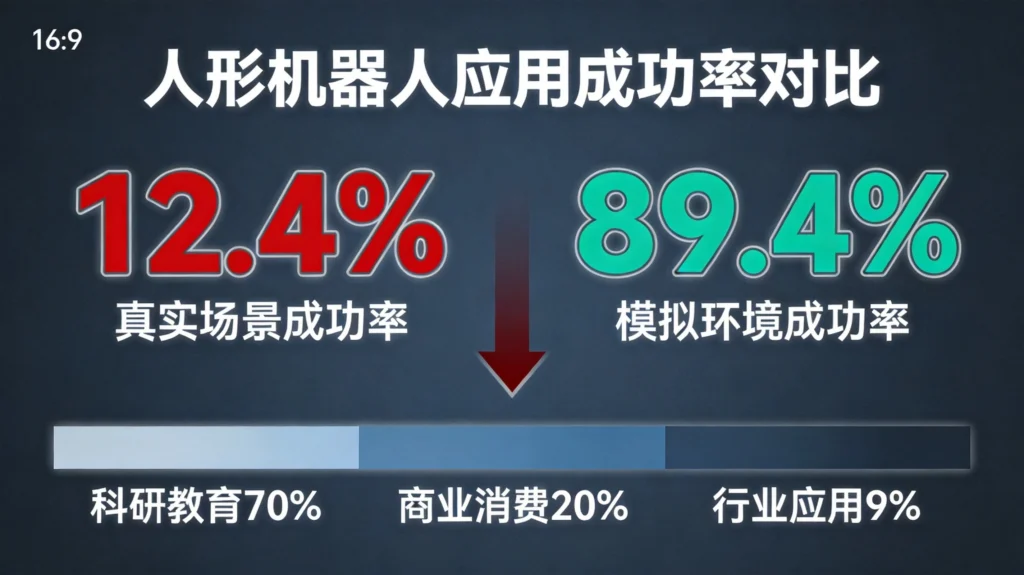人形机器人真实场景成功率12.4%与模拟环境89.4%的巨大差距数据图，展示量产困境背后的技术瓶颈