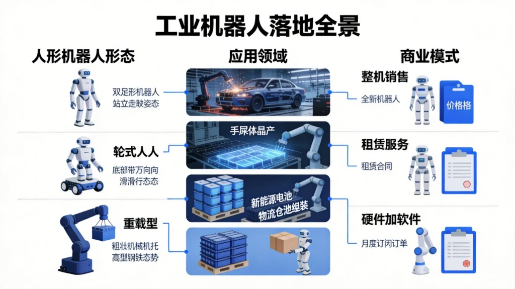 工业机器人技术路线与应用领域全景图，涵盖人形机器人三大落地场景与商业模式对比分析