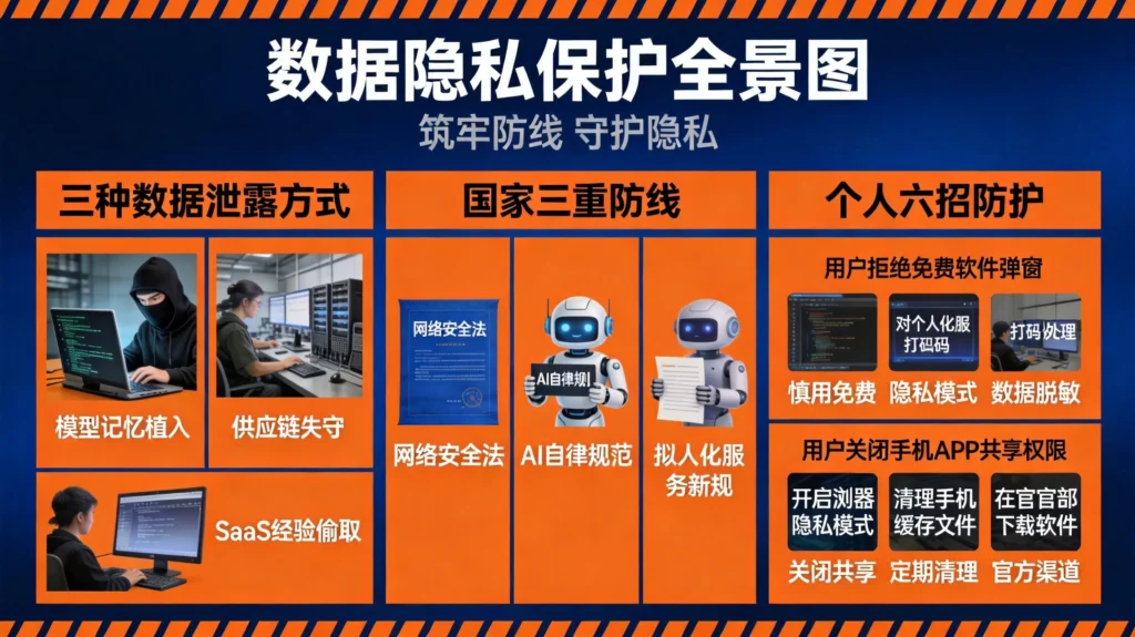 AI数据隐私保护全景信息图，涵盖三种泄露方式、国家三重防线与个人六招防护策略