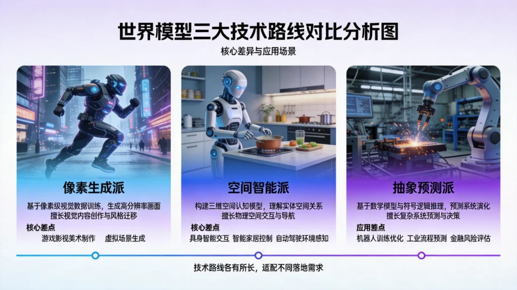 世界模型三大技术路线对比，像素生成/空间智能/抽象预测各具优势