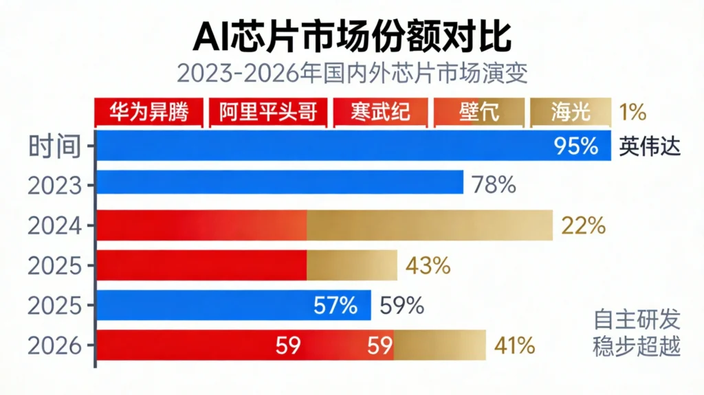 国产AI芯片市场份额图表，呈现从95%依赖英伟达到41%自主可控的格局逆转