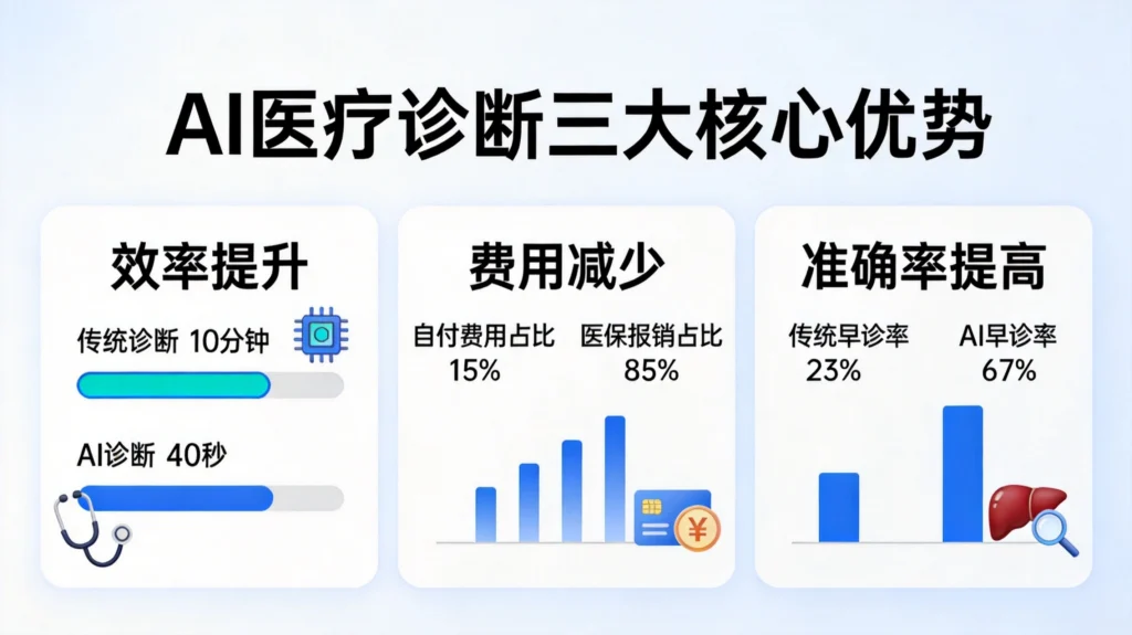 AI医疗诊断效益对比图，呈现效率提升、费用降低与早诊率突破三大红利