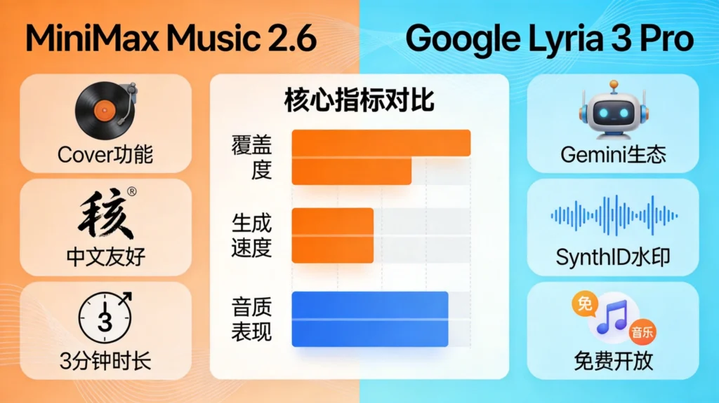 AI音乐平台对比图表，呈现MiniMax与Google Lyria功能特性与市场竞争力