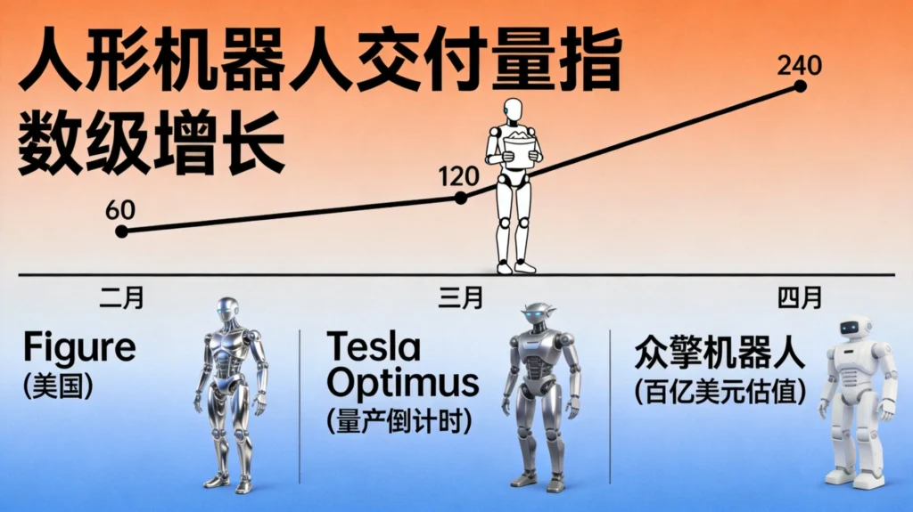 人形机器人交付增长图表，呈现Figure、特斯拉Optimus、众擎机器人商业化竞速格局