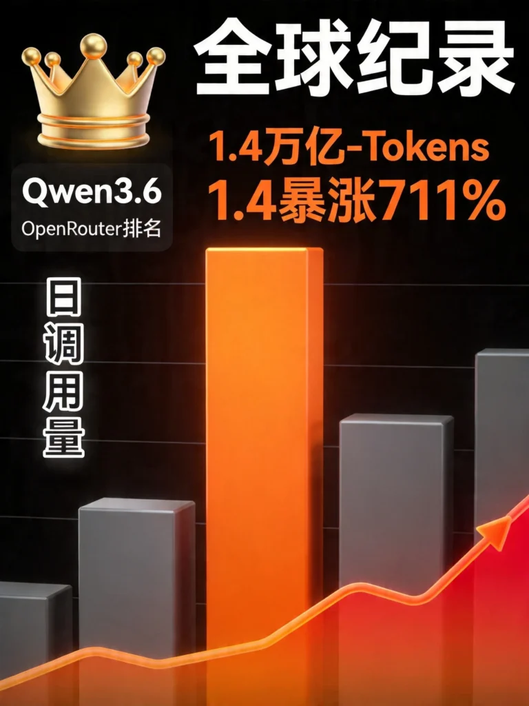 展示Qwen3.6-Plus日调用量突破1.4万亿Tokens与711%增长的全球纪录数据图